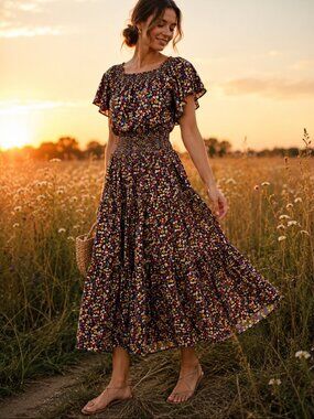 THE GREAT. ditsy floral flatter sleeve boho full skirt Dress Sz 0 runs bigger